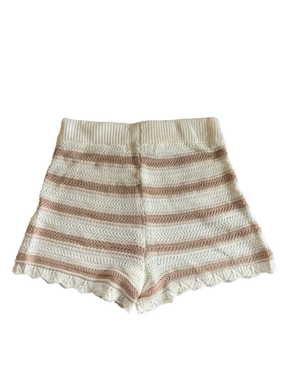 Madden NYC Crochet Knit Drawstring Pull On Shorts S Scalloped Hem Cream & Tan - Picture 3 of 5